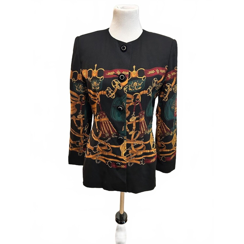 Vintage 80s Equestrian Scarf Print Blazer Black Gold Chain Link Jacket Size 8/10